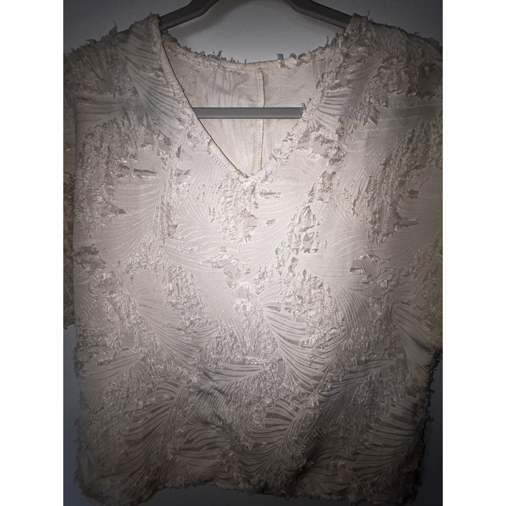 Fringe Textured Pullover Women's Blouse Cream Work Travel  Cottage Core S